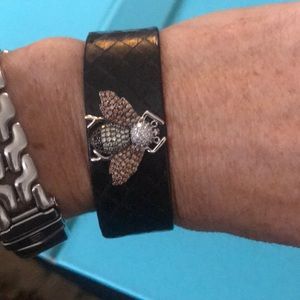Bee cuff bracelet. Black leather faux snake skin.